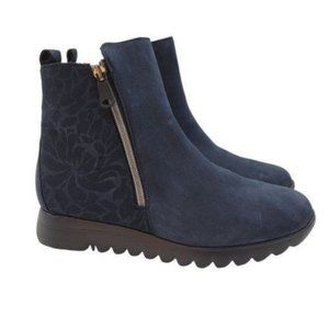 Munro Navy Floral Side-Zip Nubuck Ankle Boot 8.5 Extra Wide